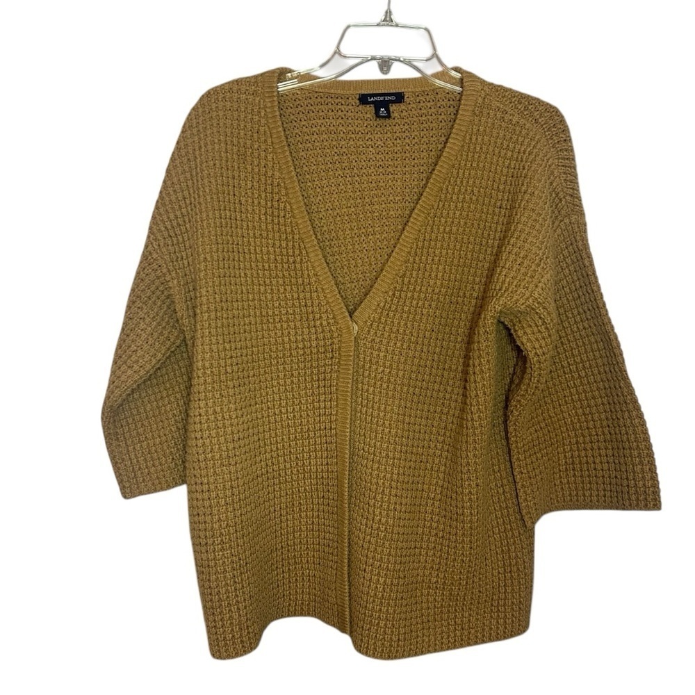Lands’ End Camel Waffle Knit Cardigan Sweater Medium Hidden Snap Front